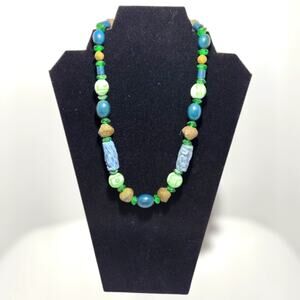 Tibetan Ceramic Green and Blue Glass & Terracotta Clay Beaded Necklace